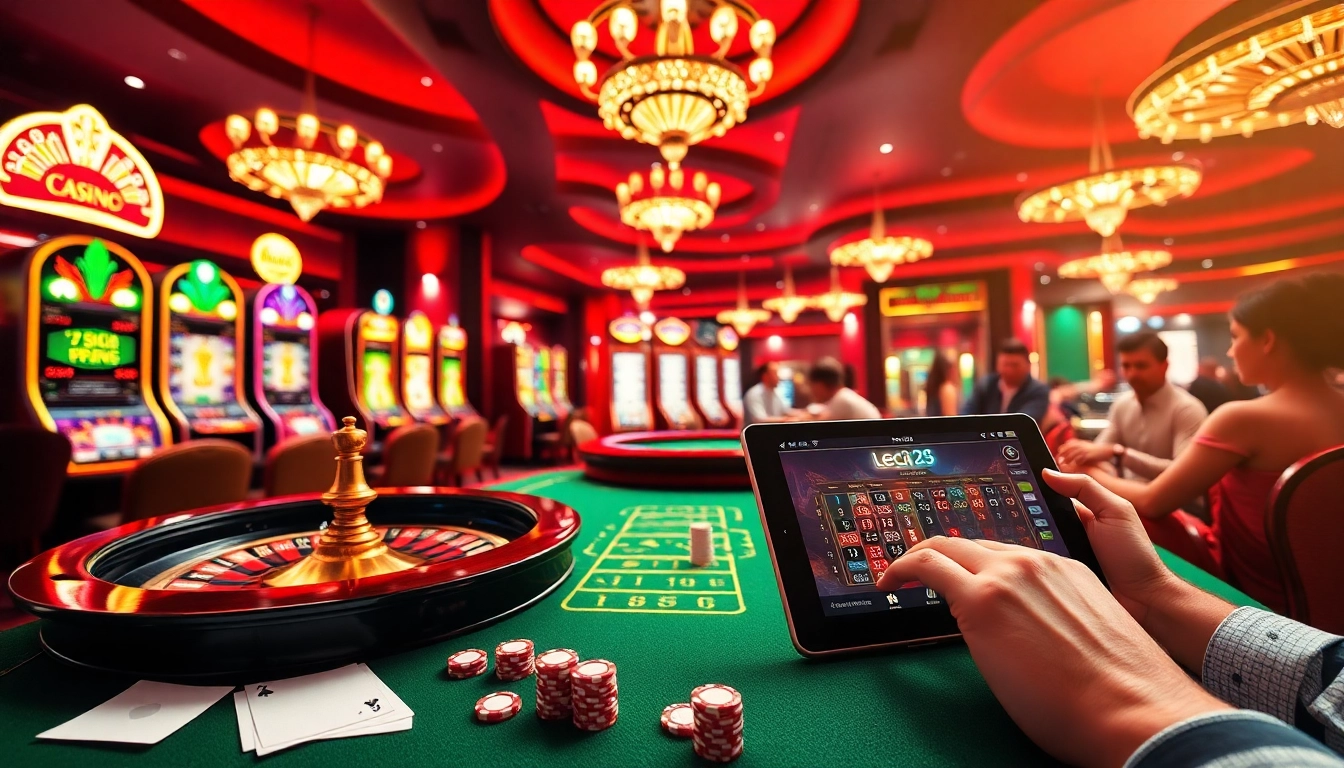 Leci123 gaming scene with roulette wheel and slot machines, showcasing vibrant casino excitement.