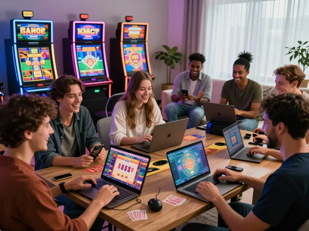 Players enjoying vibrant go88 online gaming with laptops and mobile devices in a lively modern setting.