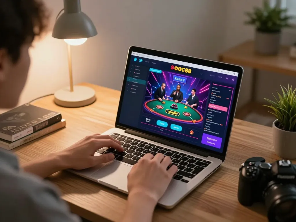 Experience strategic gameplay with soc88 app on a stylish laptop in warm ambient home office.