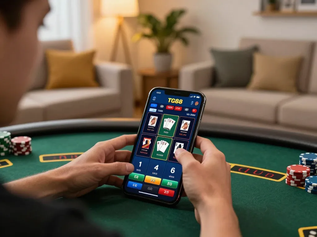 TG88 player engaged in an intense online casino game on a mobile device in a cozy living room