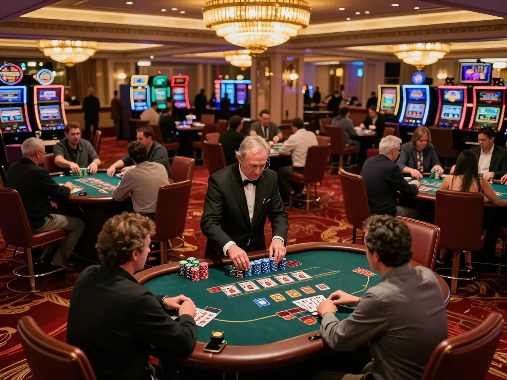 KONG88 players engaged in an exciting blackjack game at a vibrant casino floor.