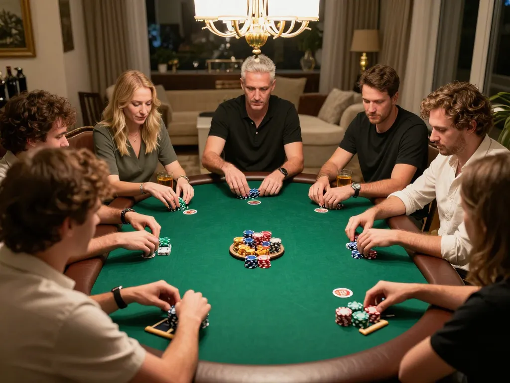 Players strategizing at a GEM WIN poker game night, enjoying drinks and competition.
