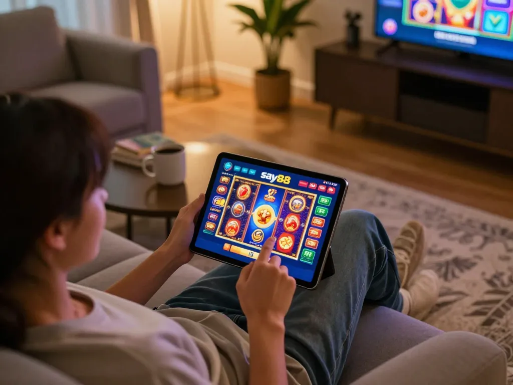 Engaging with the say88 com casino app on a tablet in a cozy home setting