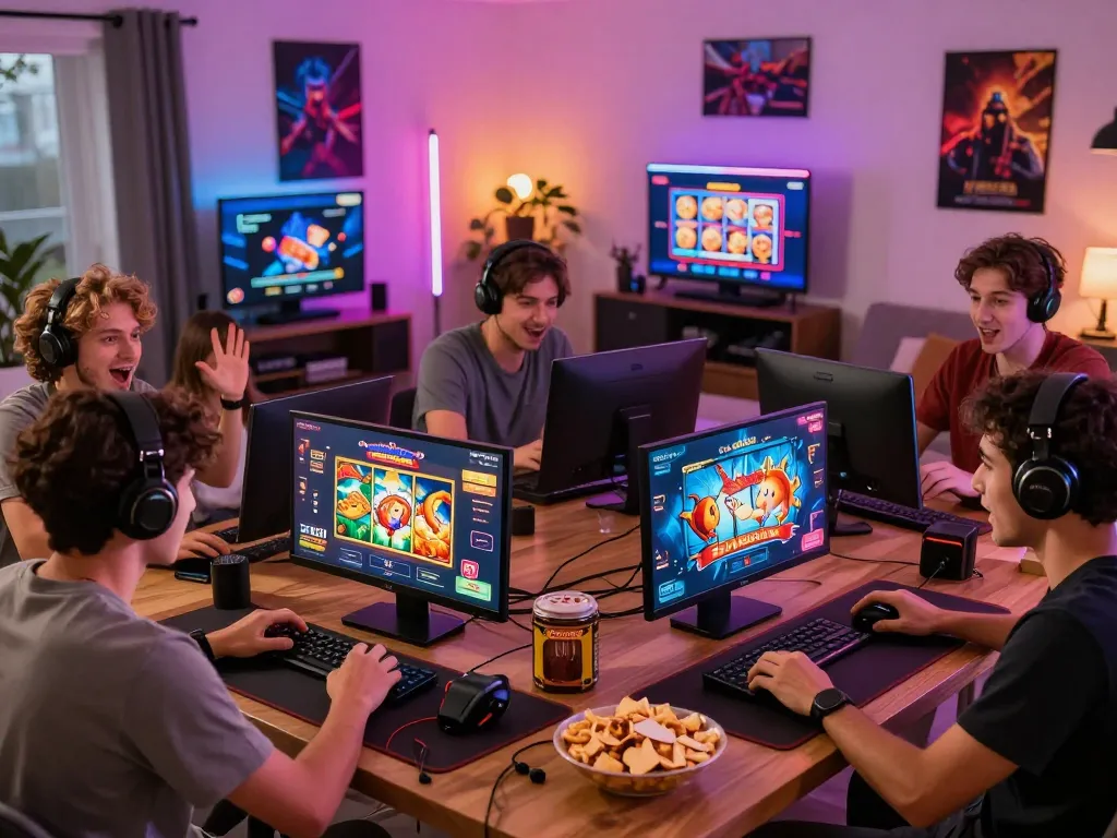 Players enjoying Rikvip gaming platform in a lively living room