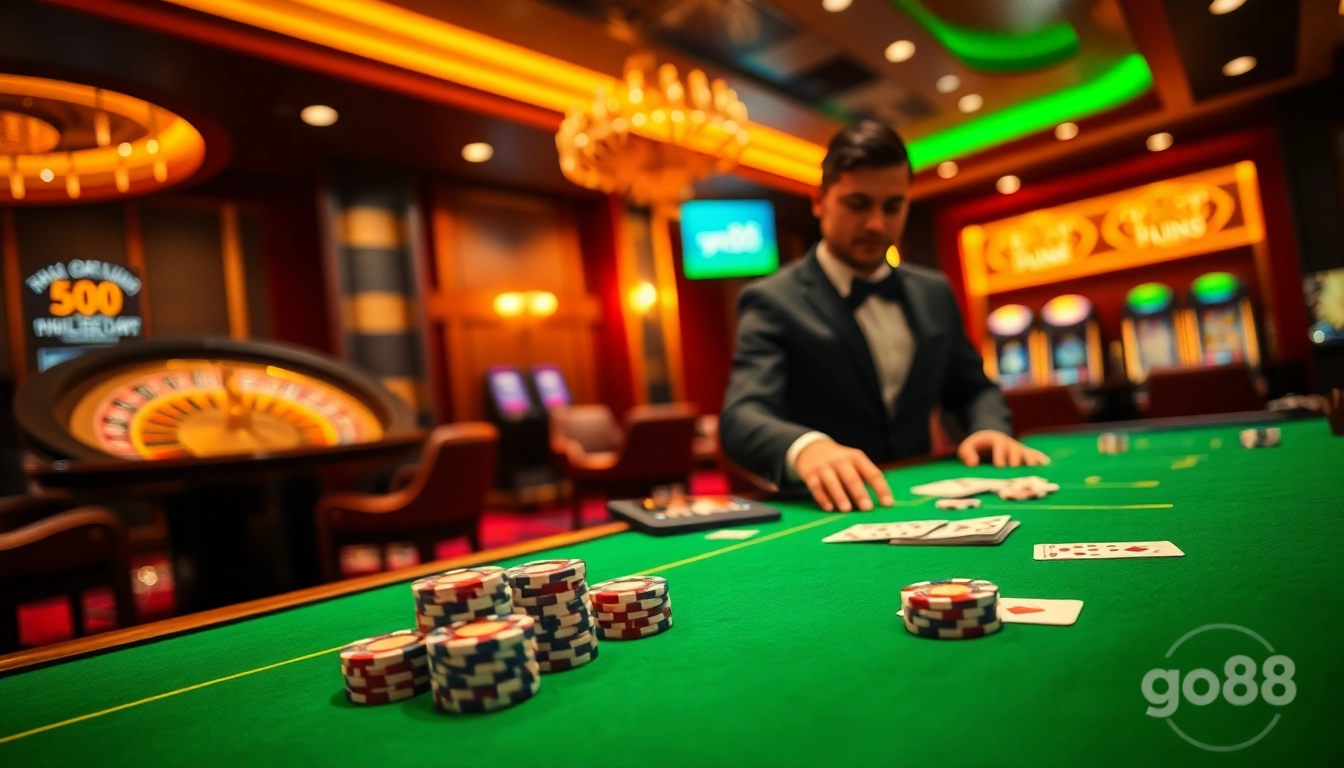 Experience the thrill of go88 with an exciting casino scene featuring poker chips and cards.