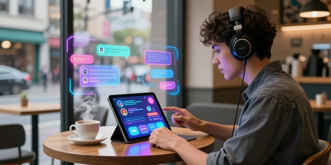 Immersive interaction with AI NSFW chat character in a vibrant digital café.