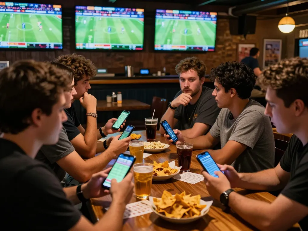 Tỷ lệ kèo nhà cái hôm nay highlighted in an exciting sports bar scene with patrons placing bets and watching games