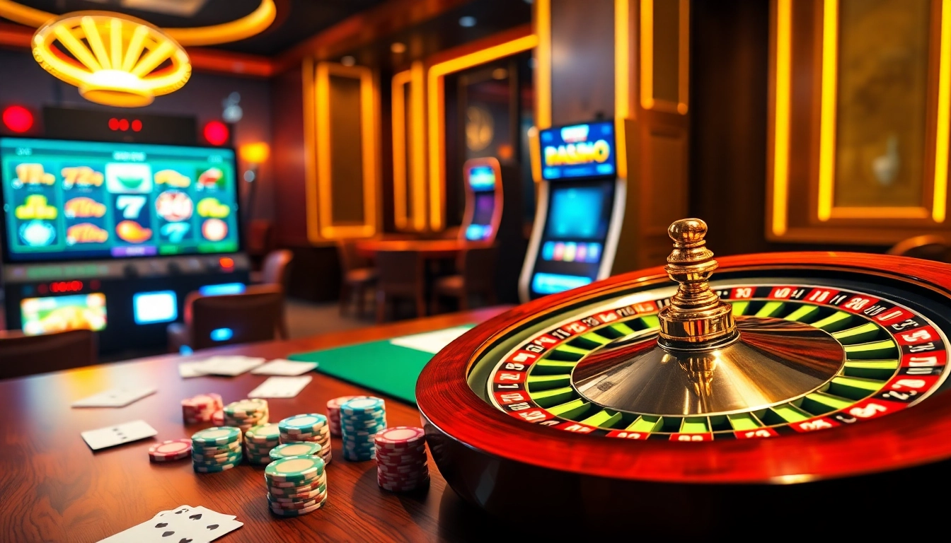 An engaging casino scene showing the exhilarating action at https://mmoo1.de.com/ with vibrant poker chips and a spinning roulette wheel.