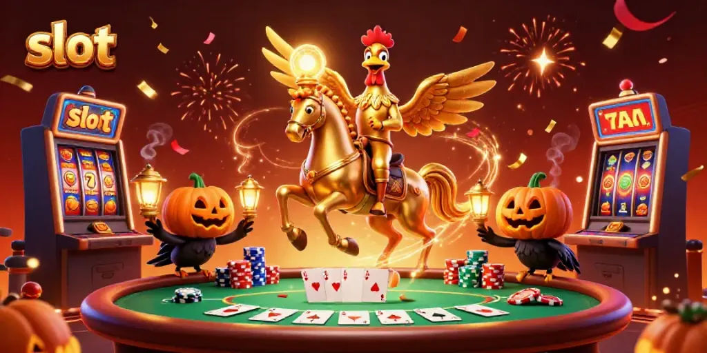 Interact with vibrant slot machines in an energetic casino scene featuring a golden rooster.