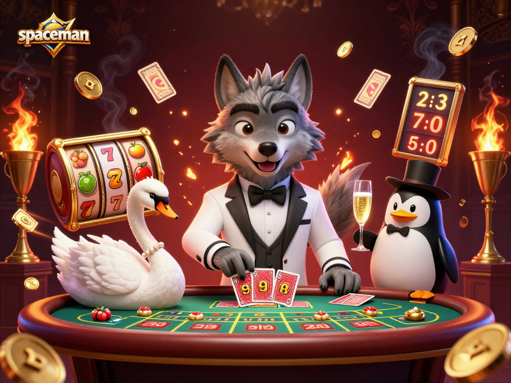 Spaceman wolf at a baccarat table, surrounded by vibrant slot game elements and golden coins.