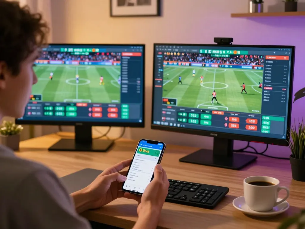 Engaging moment of using the 9bet mobile app for live sports betting at home with multiple screens.
