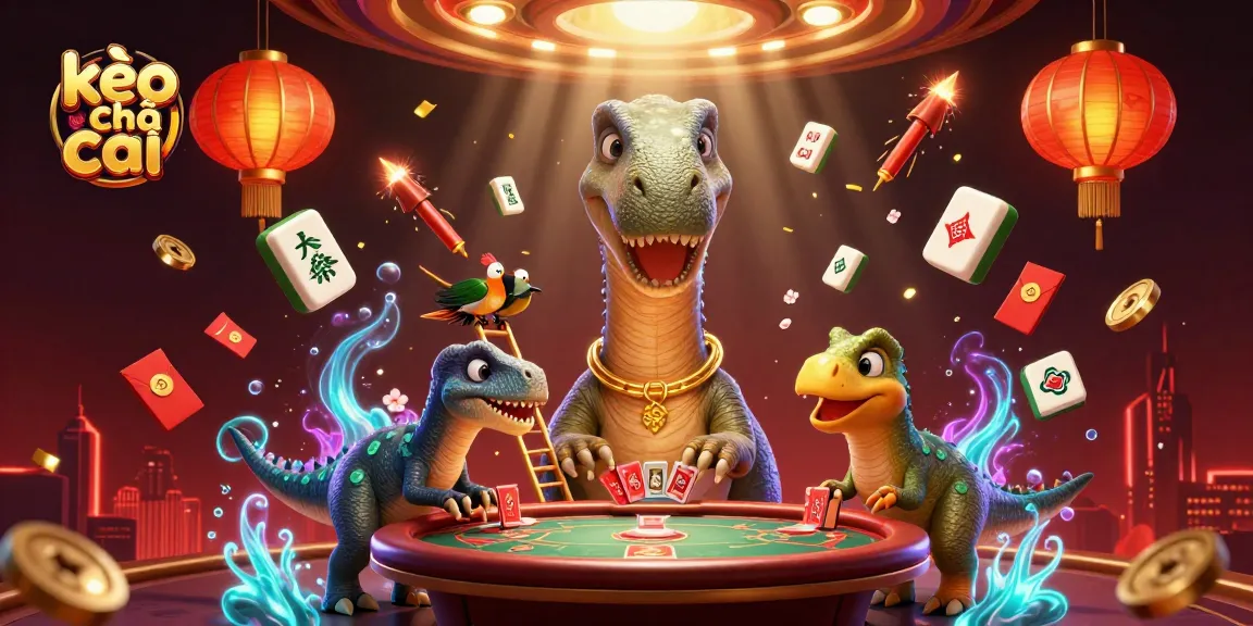 Experience the thrilling world of kèo nhà cái with a towering brontosaurus at a lively casino scene.