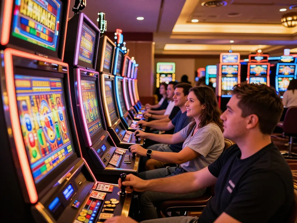 Experience the excitement of FB88 with players celebrating wins at vibrant slot machines