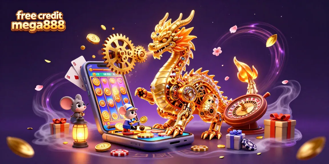 Engage with free credit mega888 through a vibrant 3D casino scene filled with action and game elements.