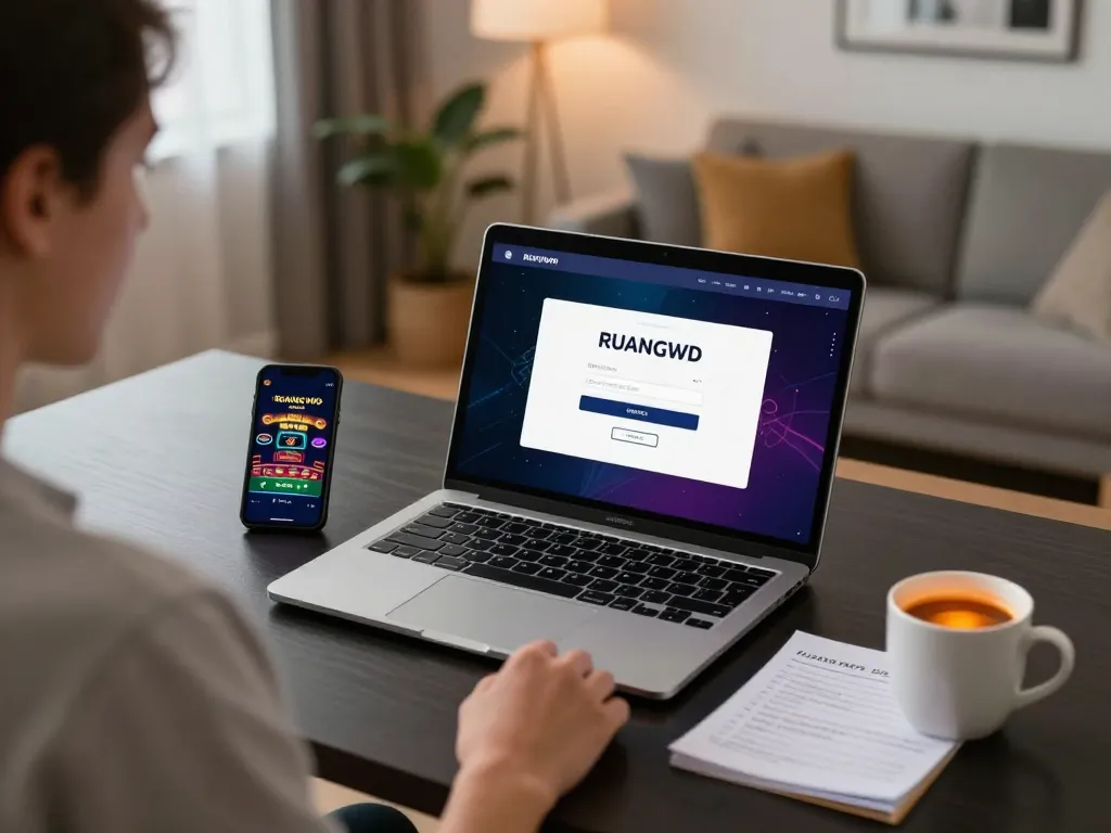Engage with RUANGWD LOGIN on a laptop during an online casino session, emphasizing strategic gameplay.