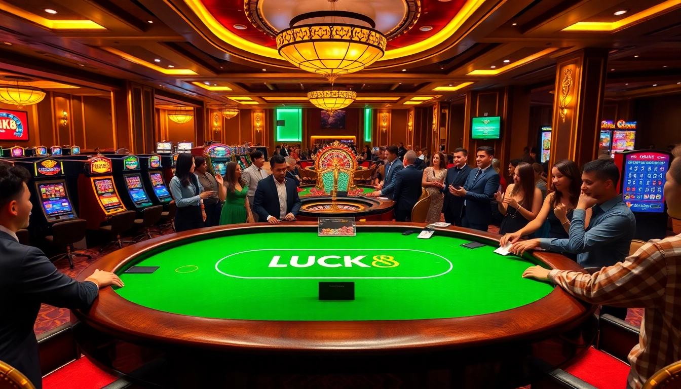 LUCK8 gaming table in a vibrant casino scene with dealers and players enthusiastic about their bets.
