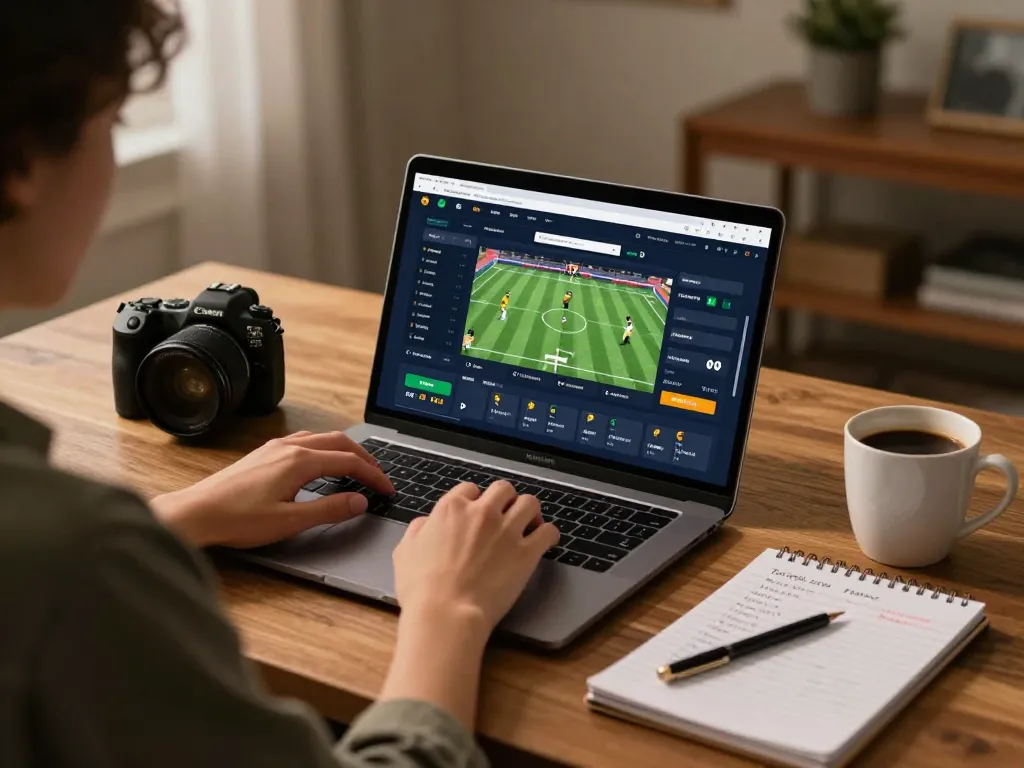 Betting on nk88 in a cozy home setup with a laptop showing sports app and strategy notes.
