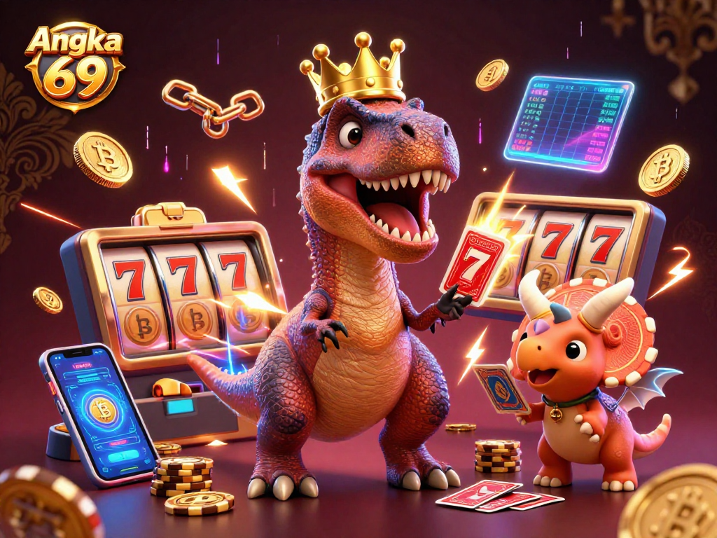 Experience the excitement of Angka 69 with playful dinosaurs and vibrant slot elements in this 3D casino illustration.
