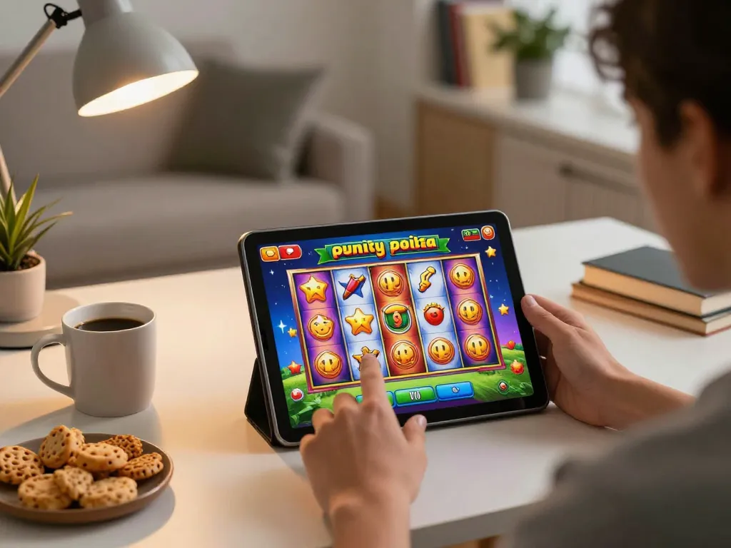 Engaging in slot pulsa games on a tablet, showcasing colorful reels in a cozy home gaming setup.