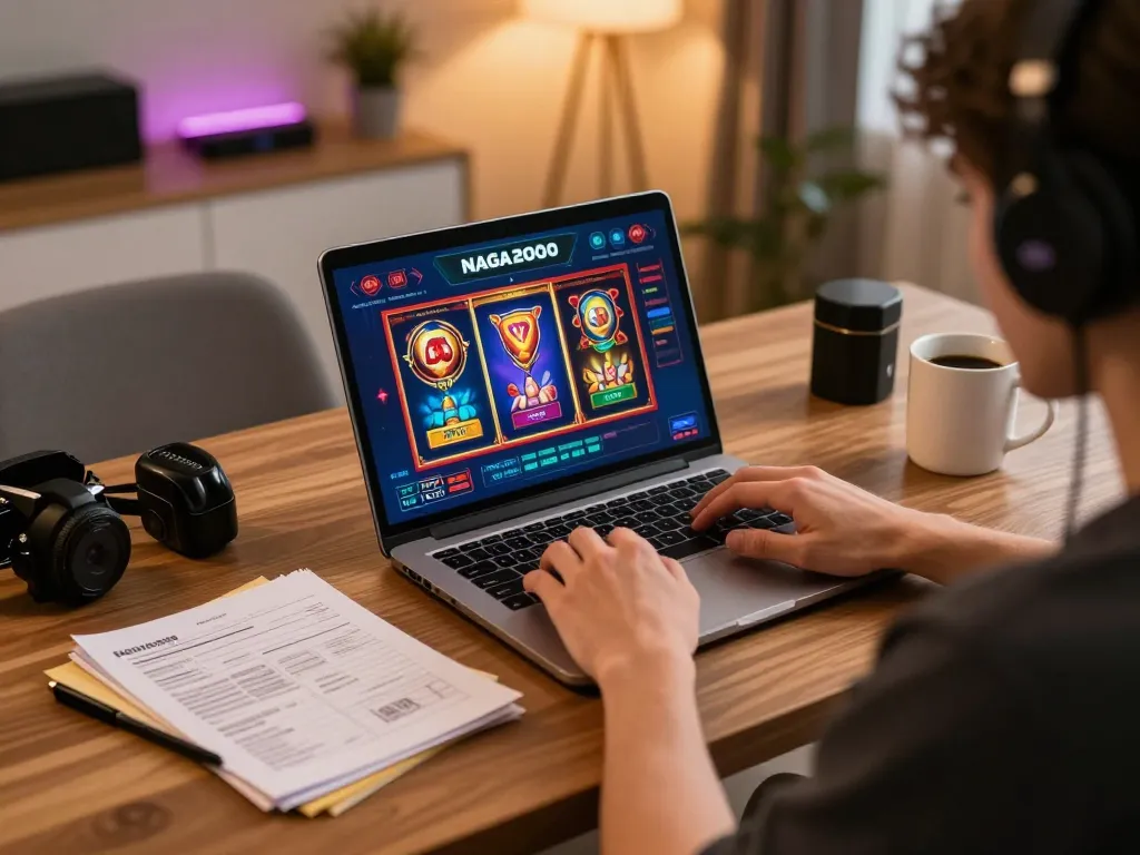 NAGA2000 user interacts with online slot game interface at cozy gaming setup, emphasizing responsible gambling.