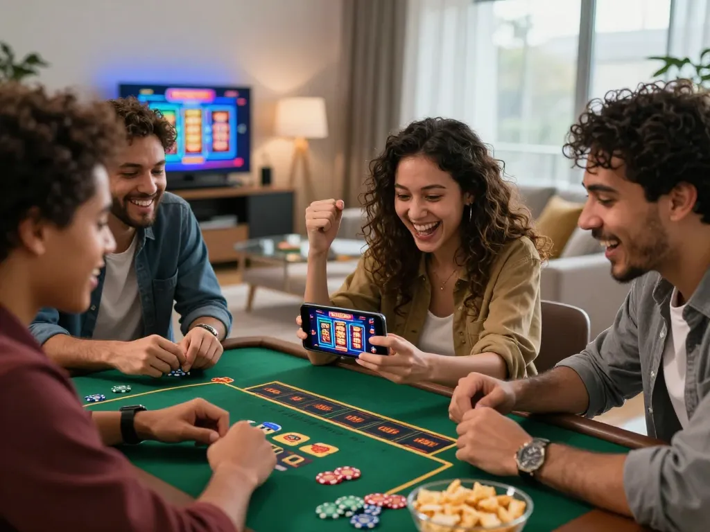 Friends celebrating a win while playing online games at https://kuwincom.net/ in a lively living room.