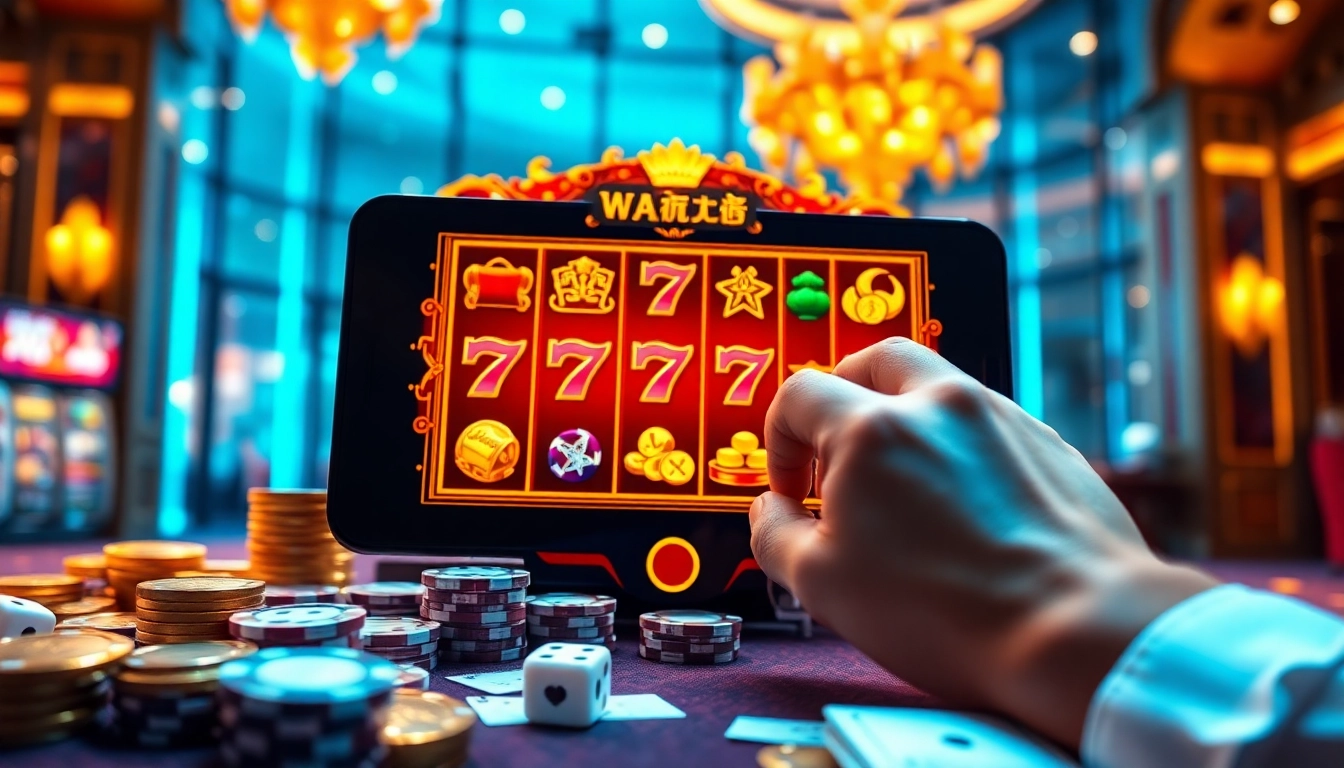 Player engaging with a colorful game nổ hũ slot machine showcasing jackpot symbols and vibrant casino chips