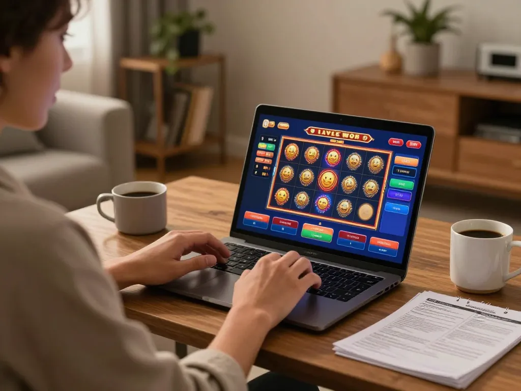 Player enjoying LV88 online casino games on a cozy laptop setup with vibrant slot displays.