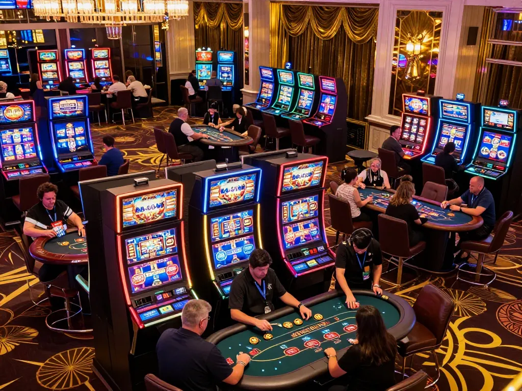 Exciting gaming atmosphere at UU88 with players enjoying popular slot machines and poker tables in vibrant casino.