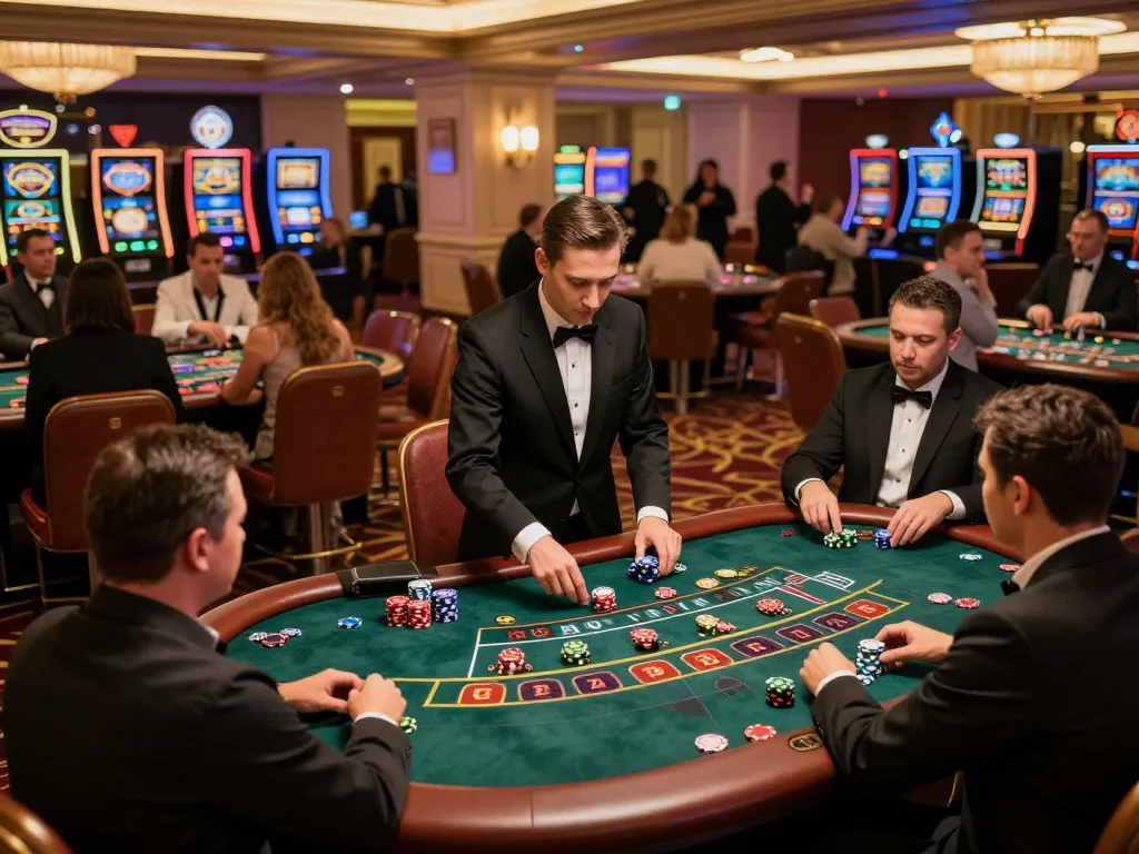Engaged players at a vibrant casino floor representing the Liên minh okwin experience in luxury gaming.