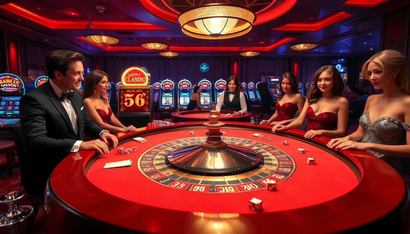 Exciting casino atmosphere with players at SODO66 roulette table and poker chips.