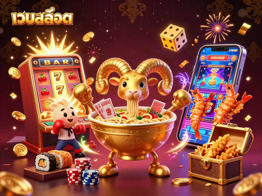 Engage with เว็บสล็อต through a colorful, fun 3D casino scene featuring vibrant characters and action-packed elements.