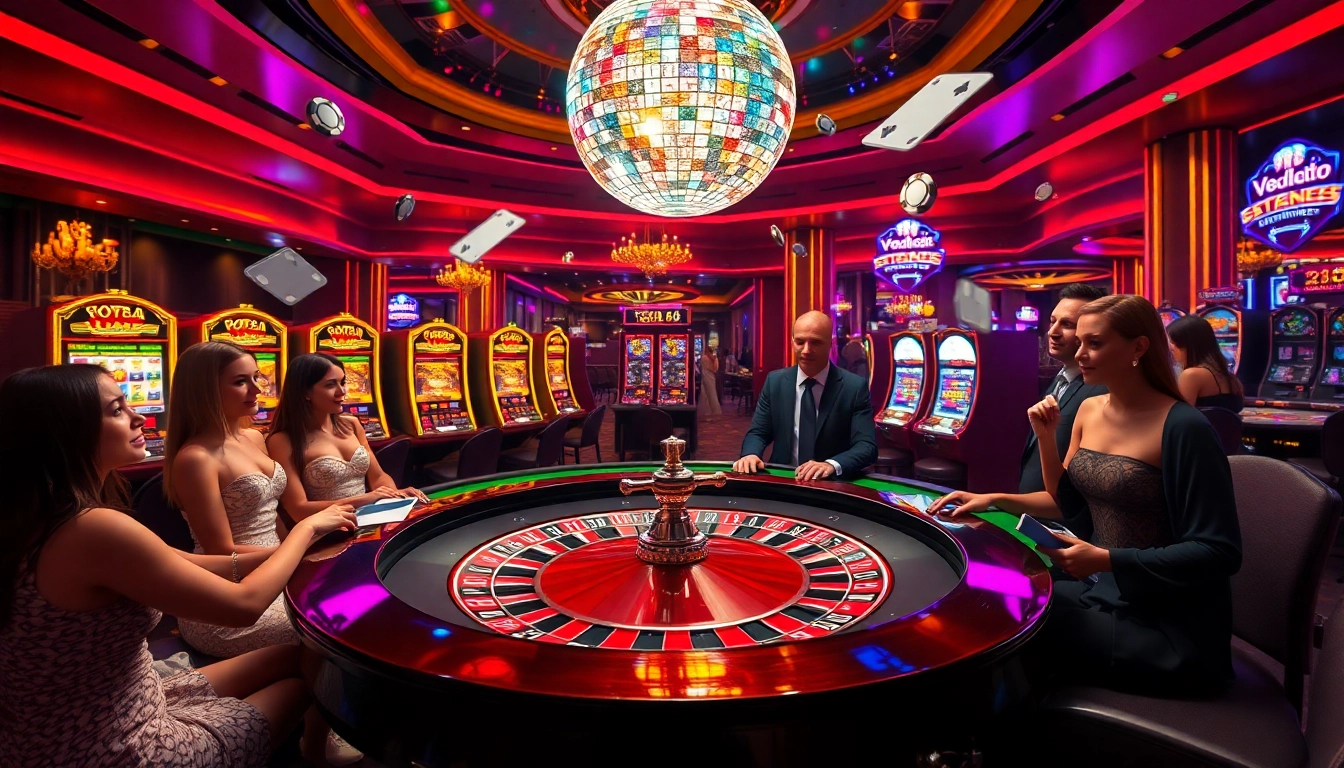 Experience the thrill at Evolution Studios' casino with vibrant roulette tables and slot machines.