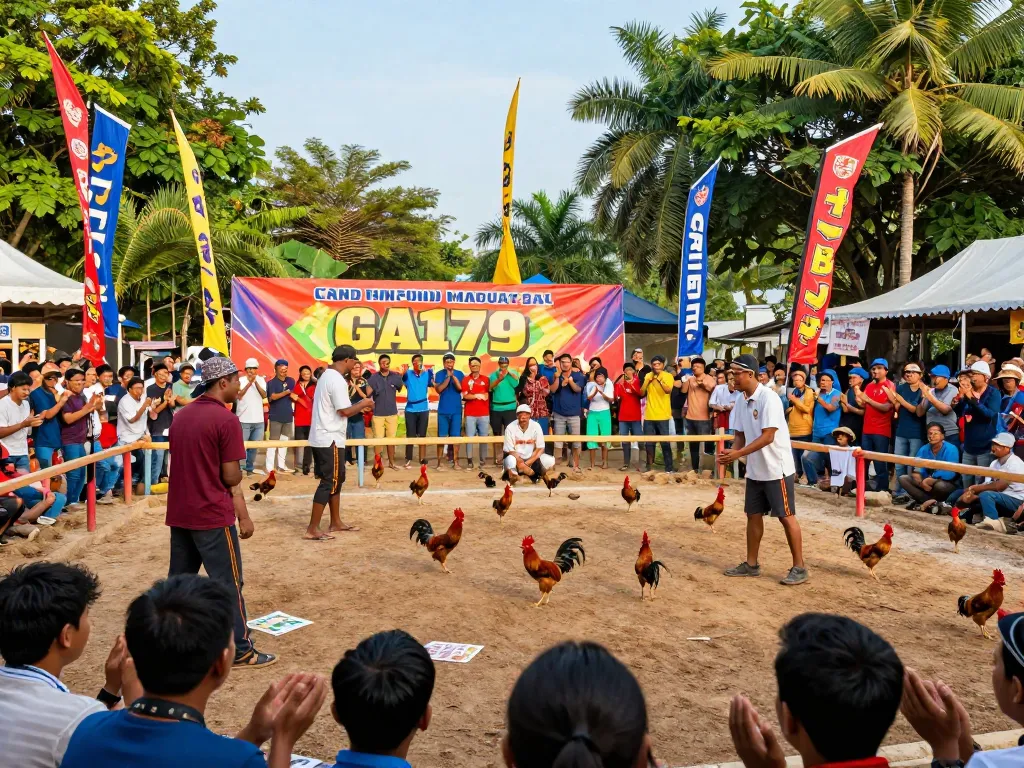 Exciting GA179 cockfighting event with vibrant crowd and trainers.
