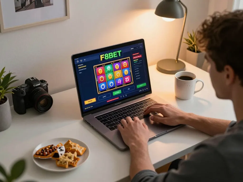 F8BET player enjoying online slots on laptop, modern home office setup with warm atmosphere