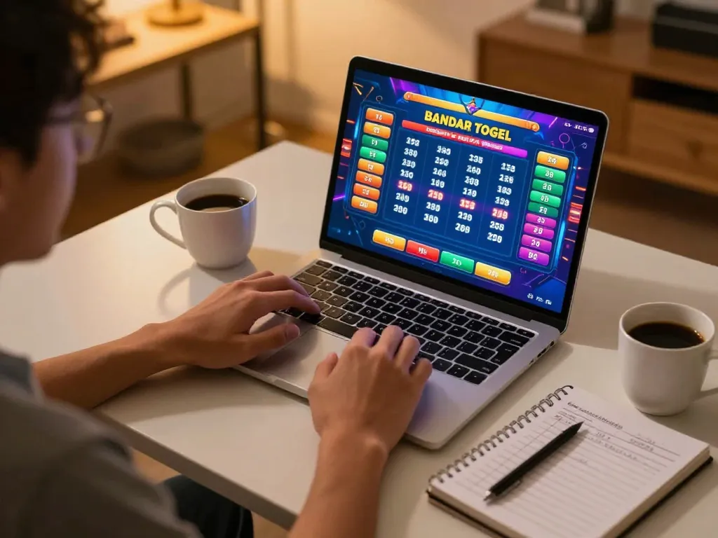 Bermain permainan bandar togel di laptop dengan grafik yang cerah di lingkungan rumah yang nyaman