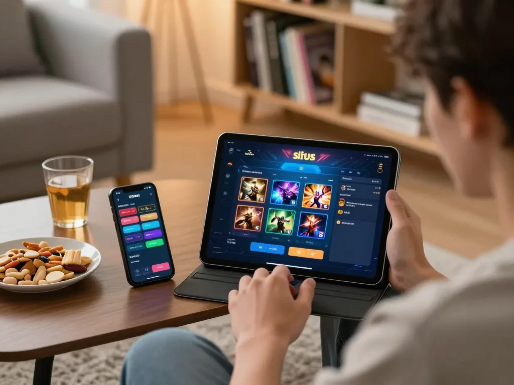 Engaging in situs slot gaming on a tablet from a cozy home setting with snacks.