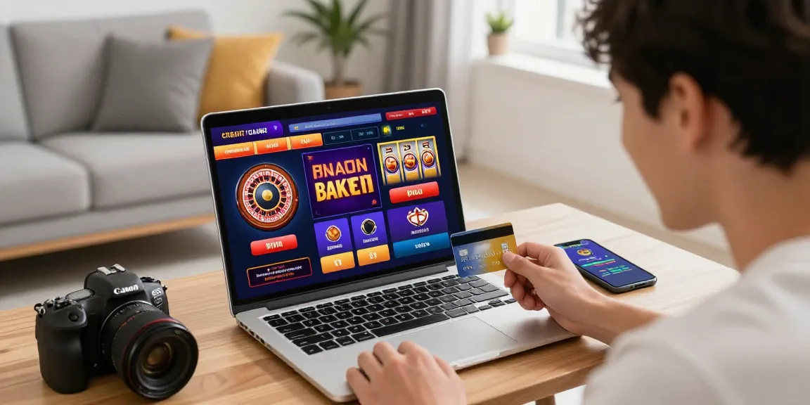 Online credit card casinos scene featuring a player excitedly engaging with a laptop, highlighting deposits and promotions.