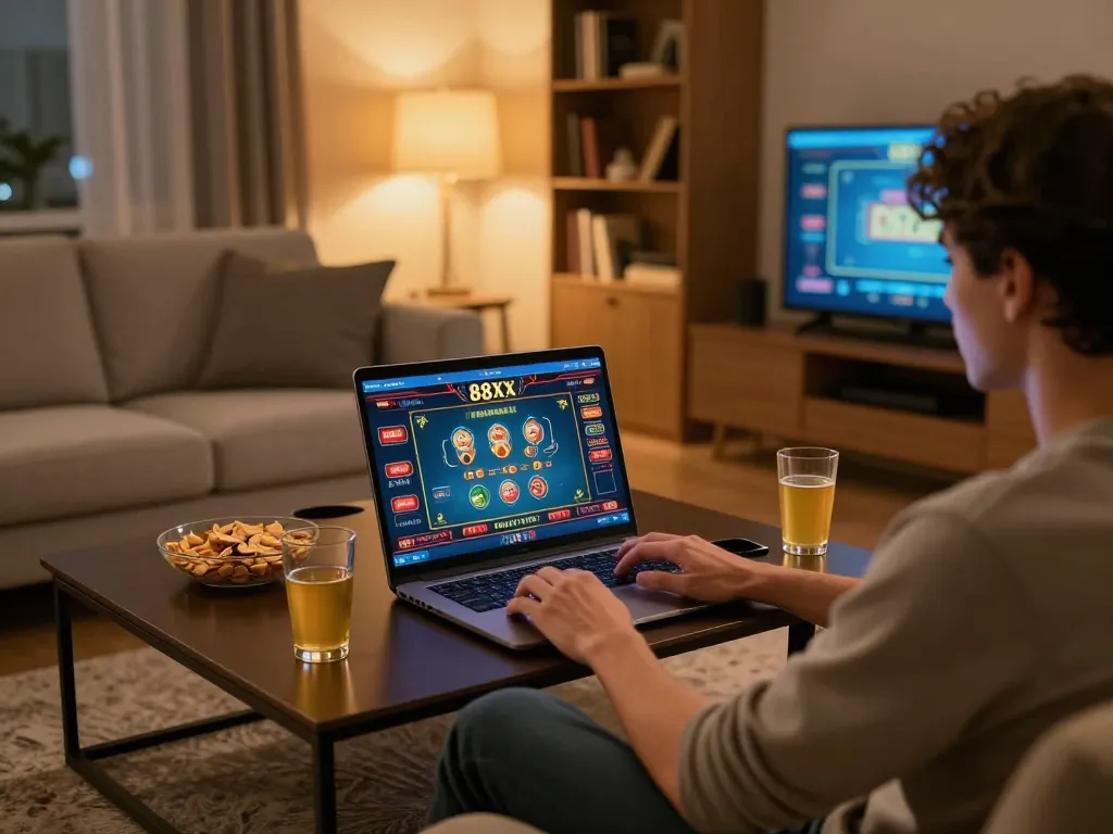 Person engages with online casino games on 88xx from a cozy living room.