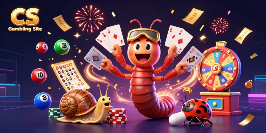 Engage with CS Gambling Site featuring a lively 3D cartoon scene of diverse characters, vibrant game elements, and animated action.