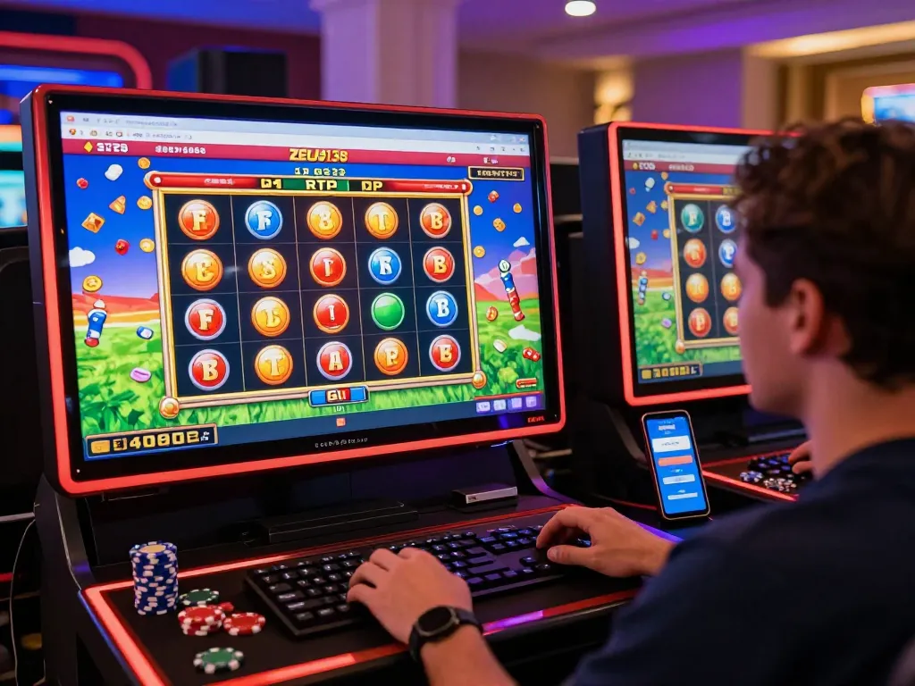 Player engaging with Zeus138 online slots, showcasing gaming interface and vibrant atmosphere.