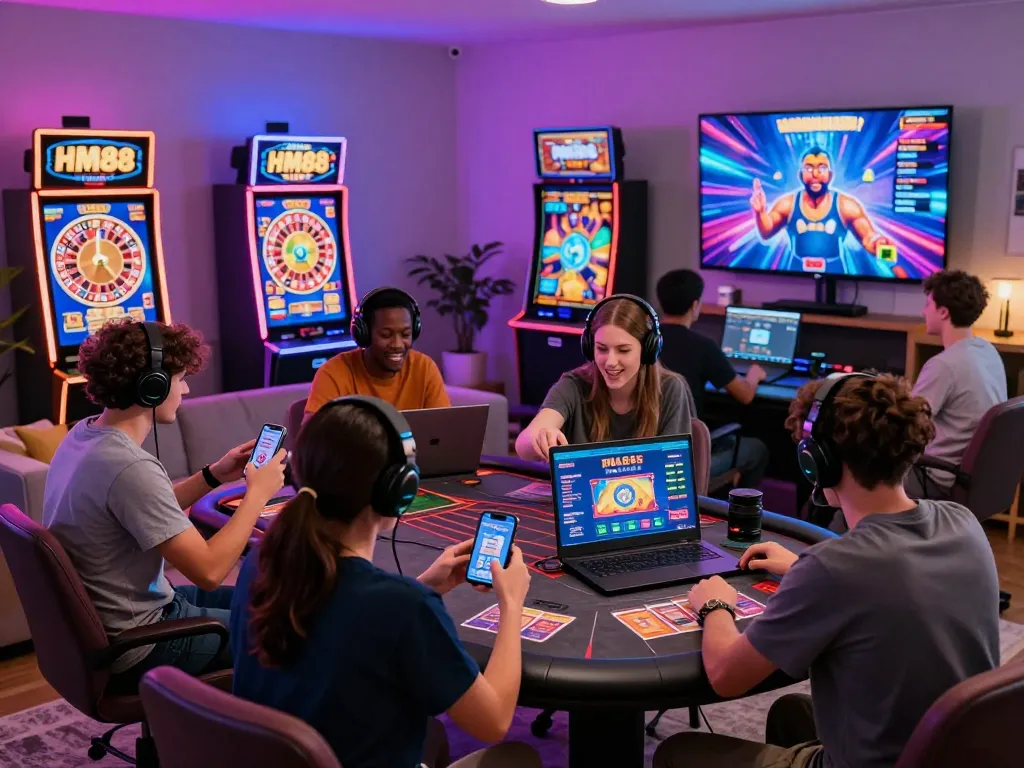 Exciting HM88 online gaming scene with diverse players enjoying thrilling games at home.