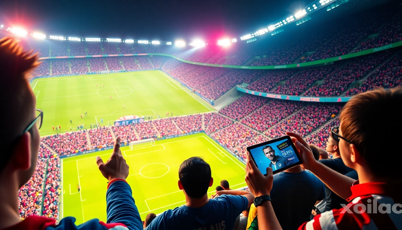 Xoilac TV live soccer match with cheering fans in vibrant stadium.