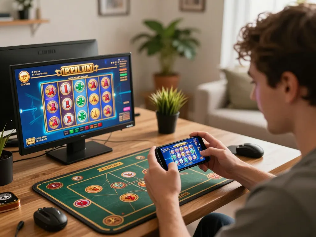 Engaged player enjoying a non UK casino game on a smartphone with vibrant graphics and warm home atmosphere