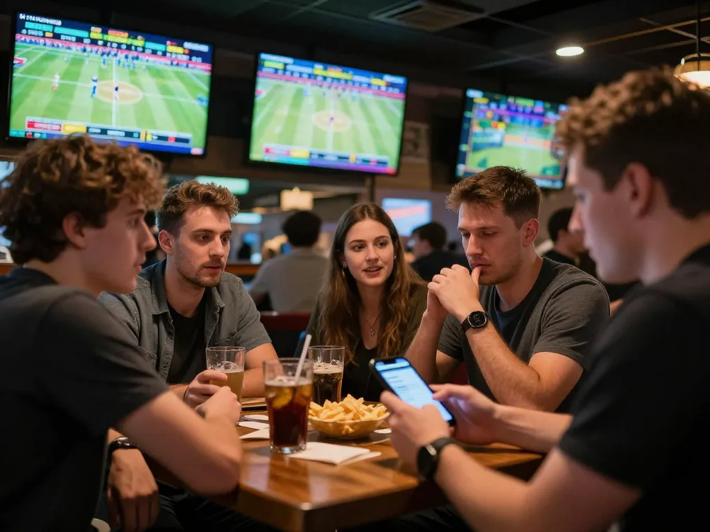 Engaging moment of sports betting with friends using playstation-experience app at a lively bar.