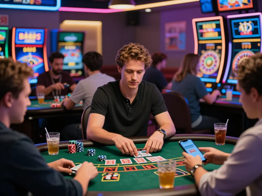 Vibrant casino experience at https://32win.agency/ showcasing players engaged in blackjack and slots with neon lights and digital interactions highlighting excitement.