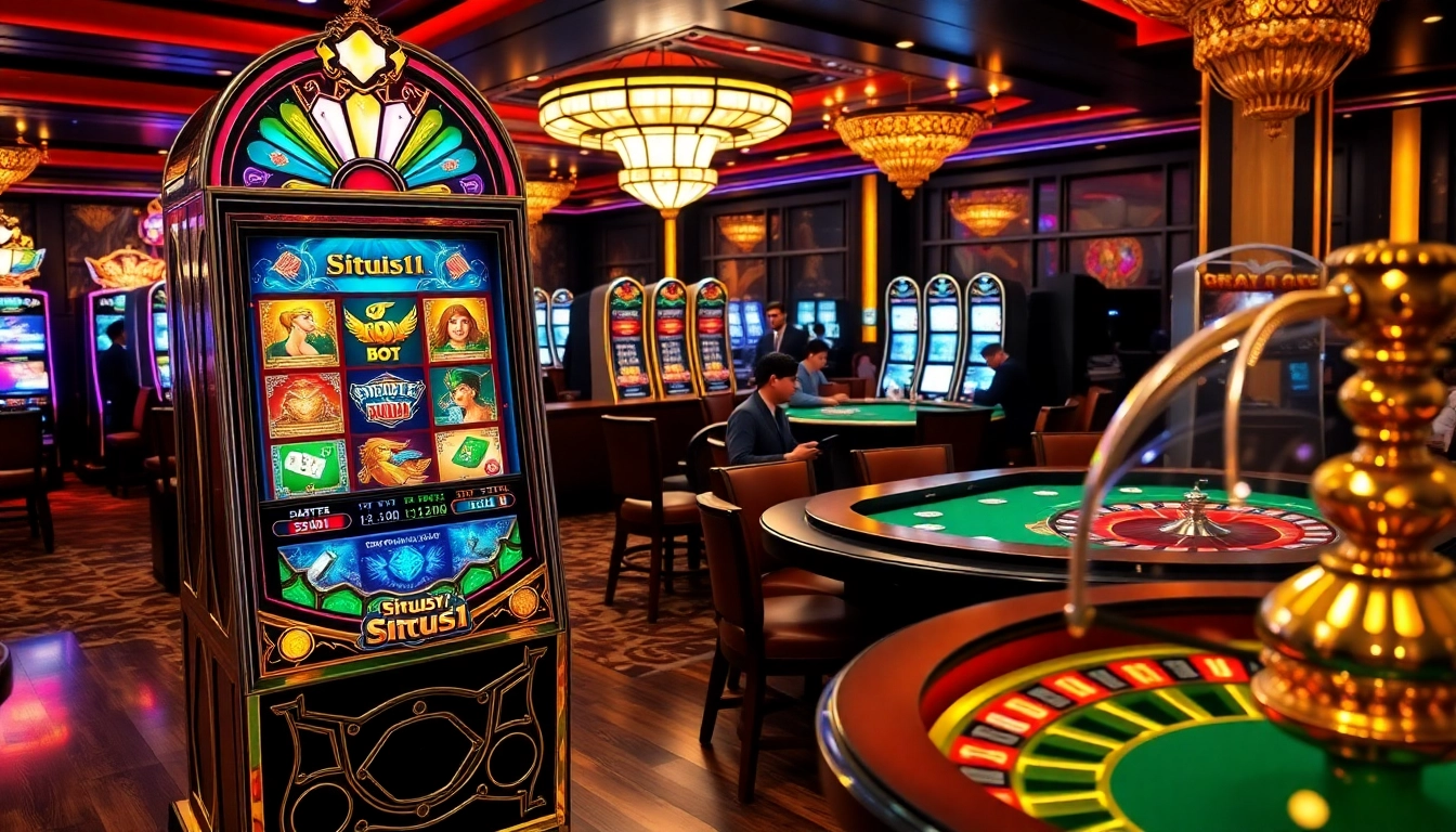 Play the captivating Situs11 slot machine amidst a luxurious casino setting filled with excitement.