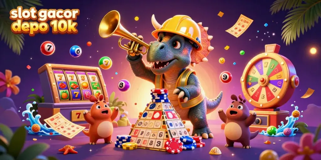 Permainan menarik slot gacor depo 10k dengan karakter dino meriah dan elemen kasino unik.