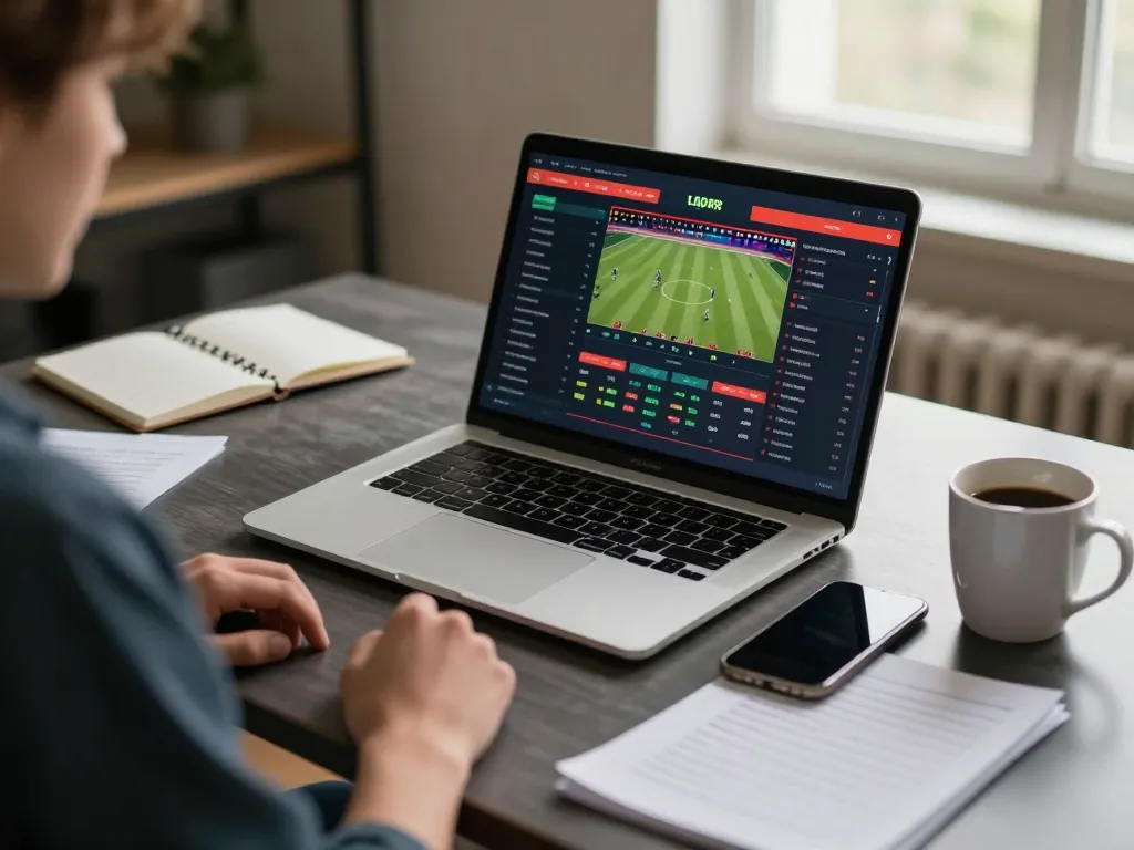 Tỷ lệ kèo trực tuyến betting setup with live sports games on laptop, notes, and smartphone.
