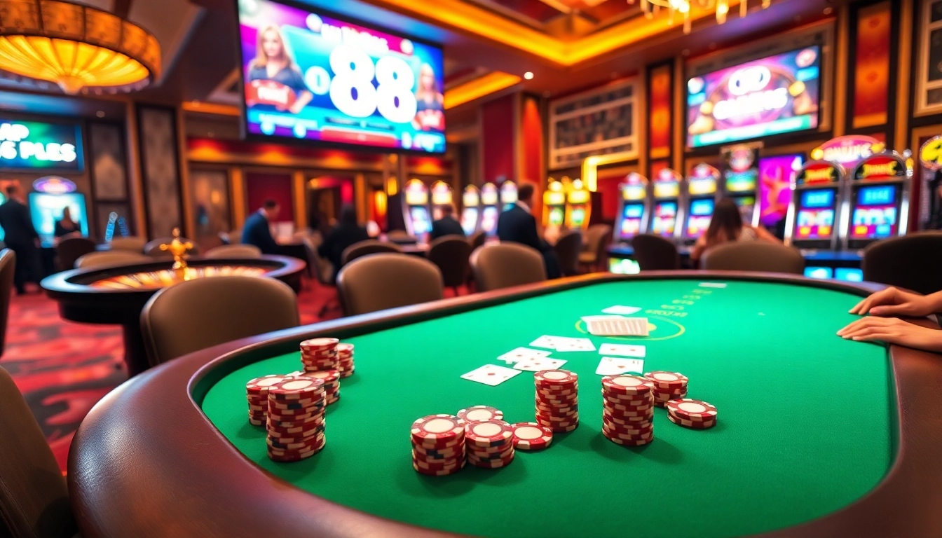 Experience the excitement of uu 88 with vibrant gaming scenes featuring poker chips, roulette wheels, and online slots.