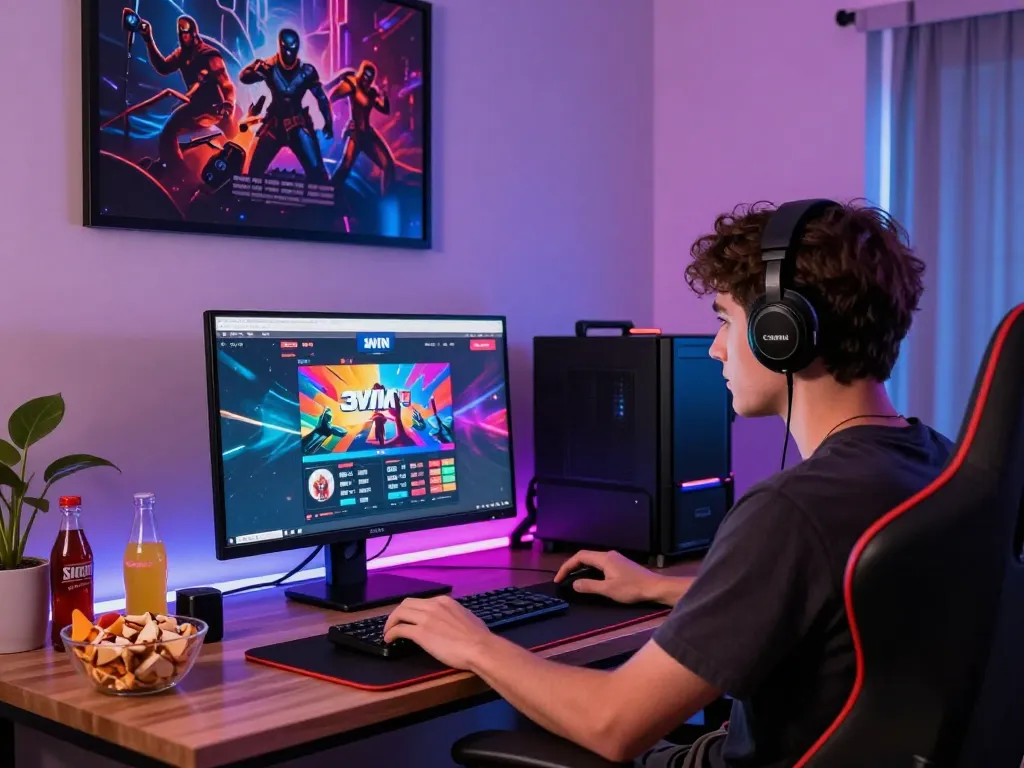Online gaming enthusiast exploring 3win.baby with a vibrant setup filled with gaming essentials.